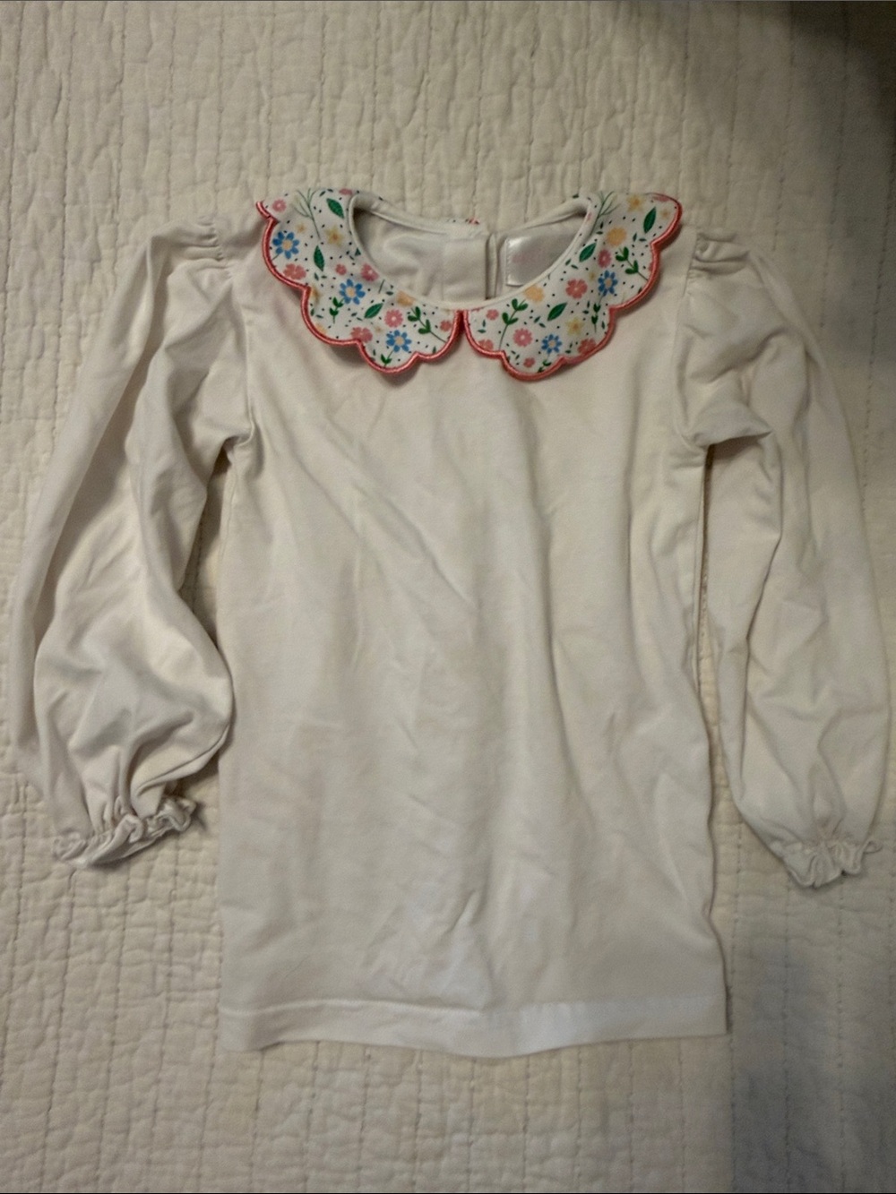 Girls White Long-Sleeve Top with Embroidered Scalloped Collar